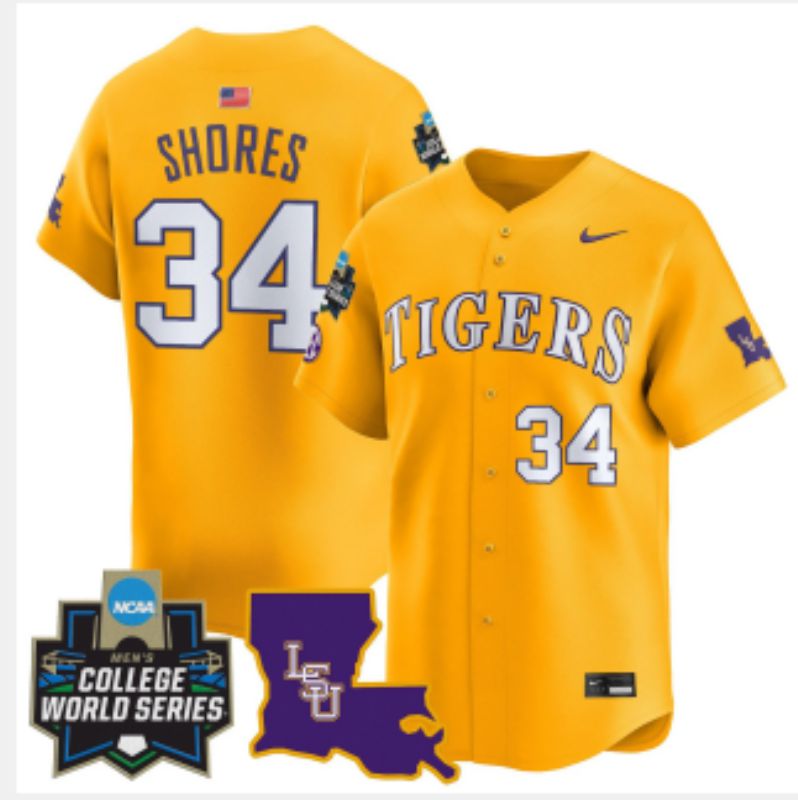 Men 2025 LSU Tigers #34 Shores Yellow Nike Joint Name Nike NCAA Jersey style 8->ncaa teams->NCAA Jersey
